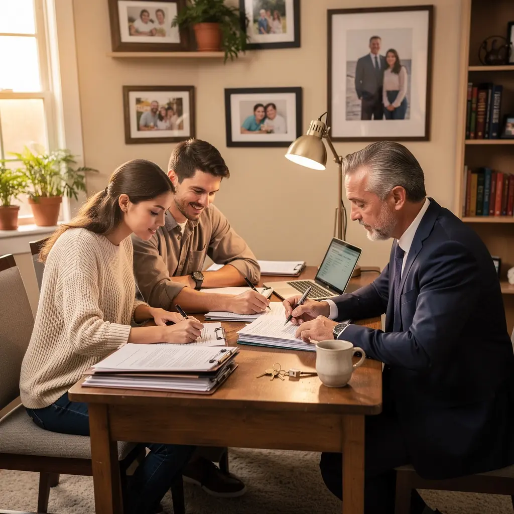 Семья рассматривает варианты домов на фоне красивого пейзажа США.