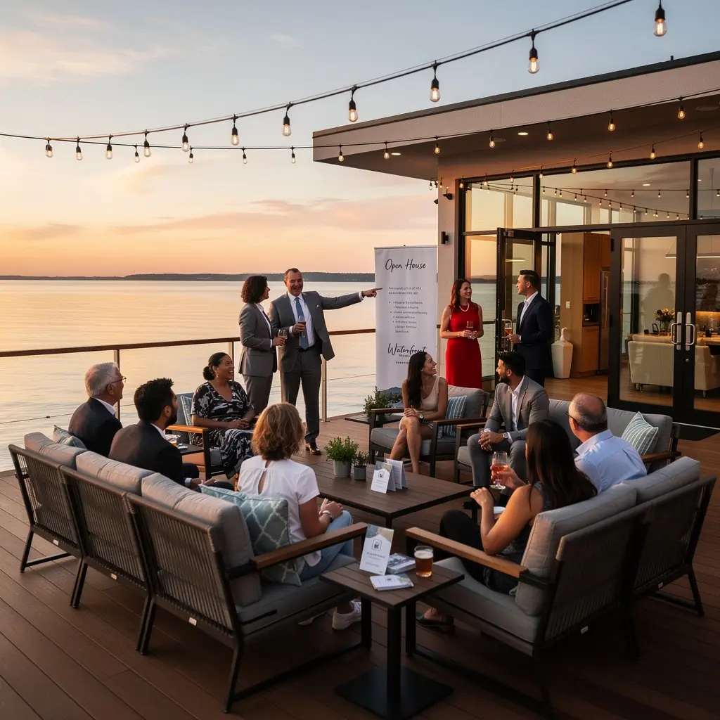 Сцена переговоров между покупателем и продавцом на фоне дома, представляющего интерес для покупки.