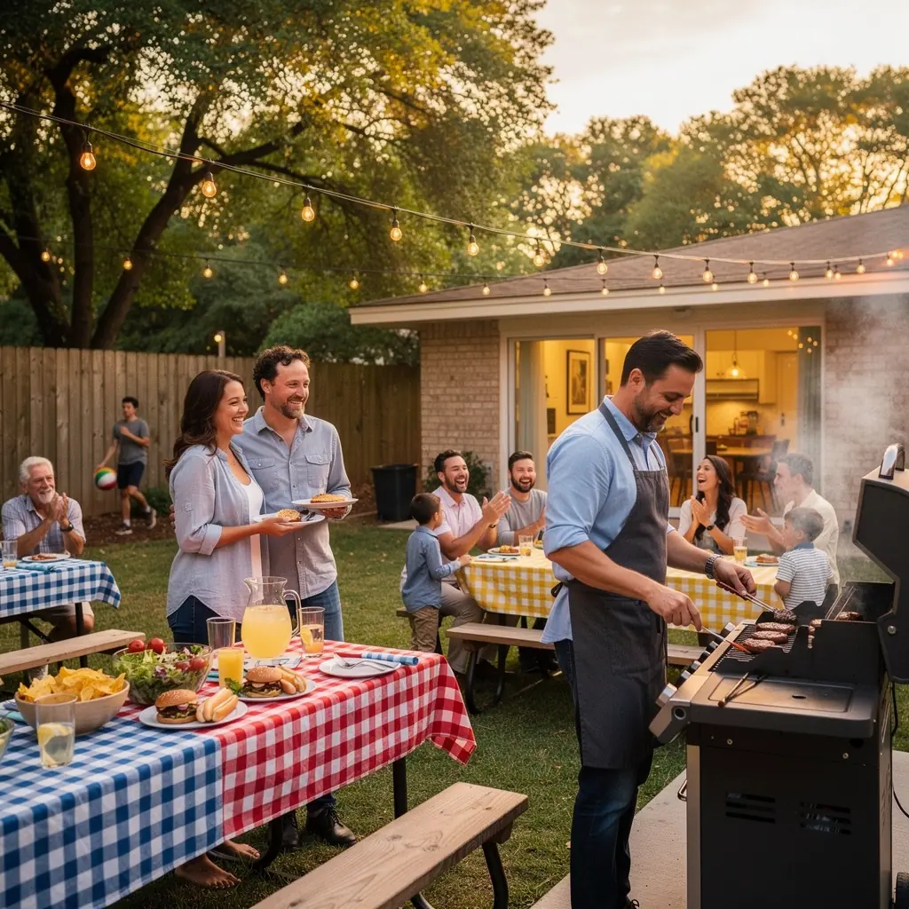 Счастливая семья стоит перед своим новым домом с ключами в руках.