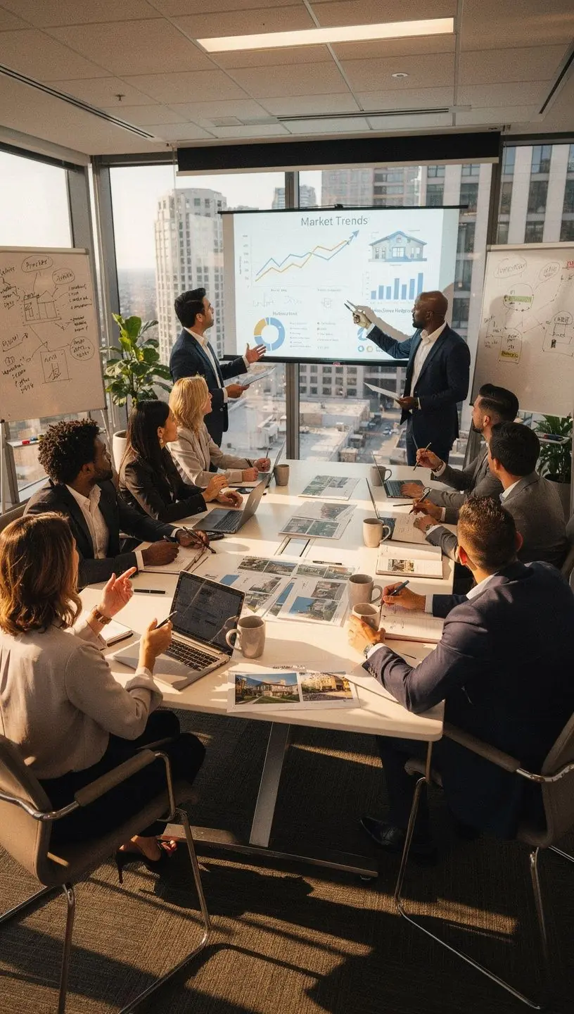 Консультант по покупке недвижимости обсуждает с клиентом варианты жилья.